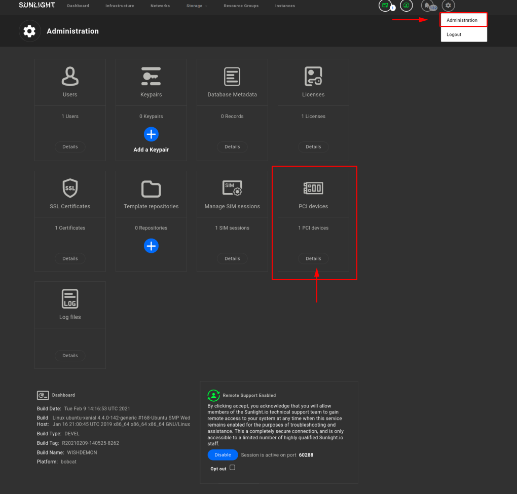 PCI device administration settings