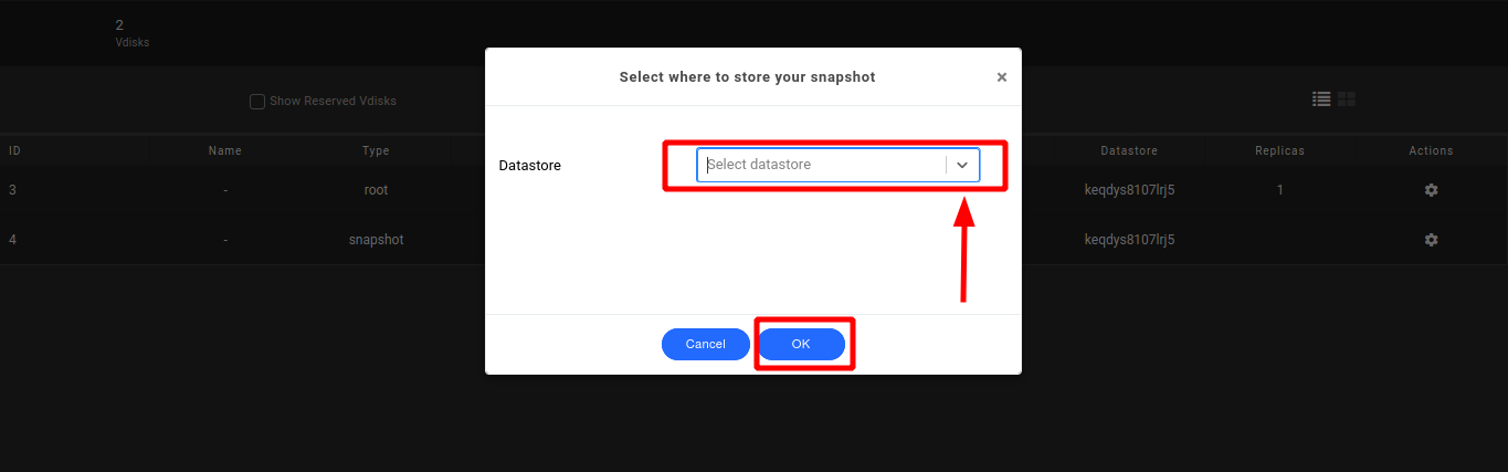 Select where to store the vDisk snapshot