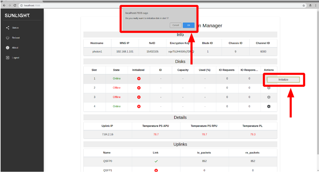 SPM disk initialization confirmation dialog box